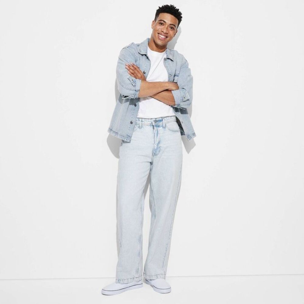 Men's Baggy Fit Jeans - Light Wash 38x32 Midweight Denim Straight Leg